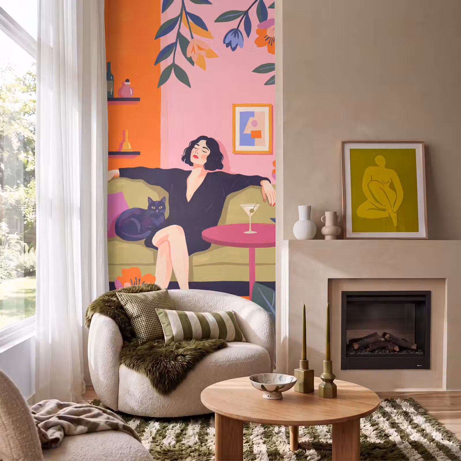 Behang - Vrouw - Kat - Interieur - Modern - Kleurrijk — 1