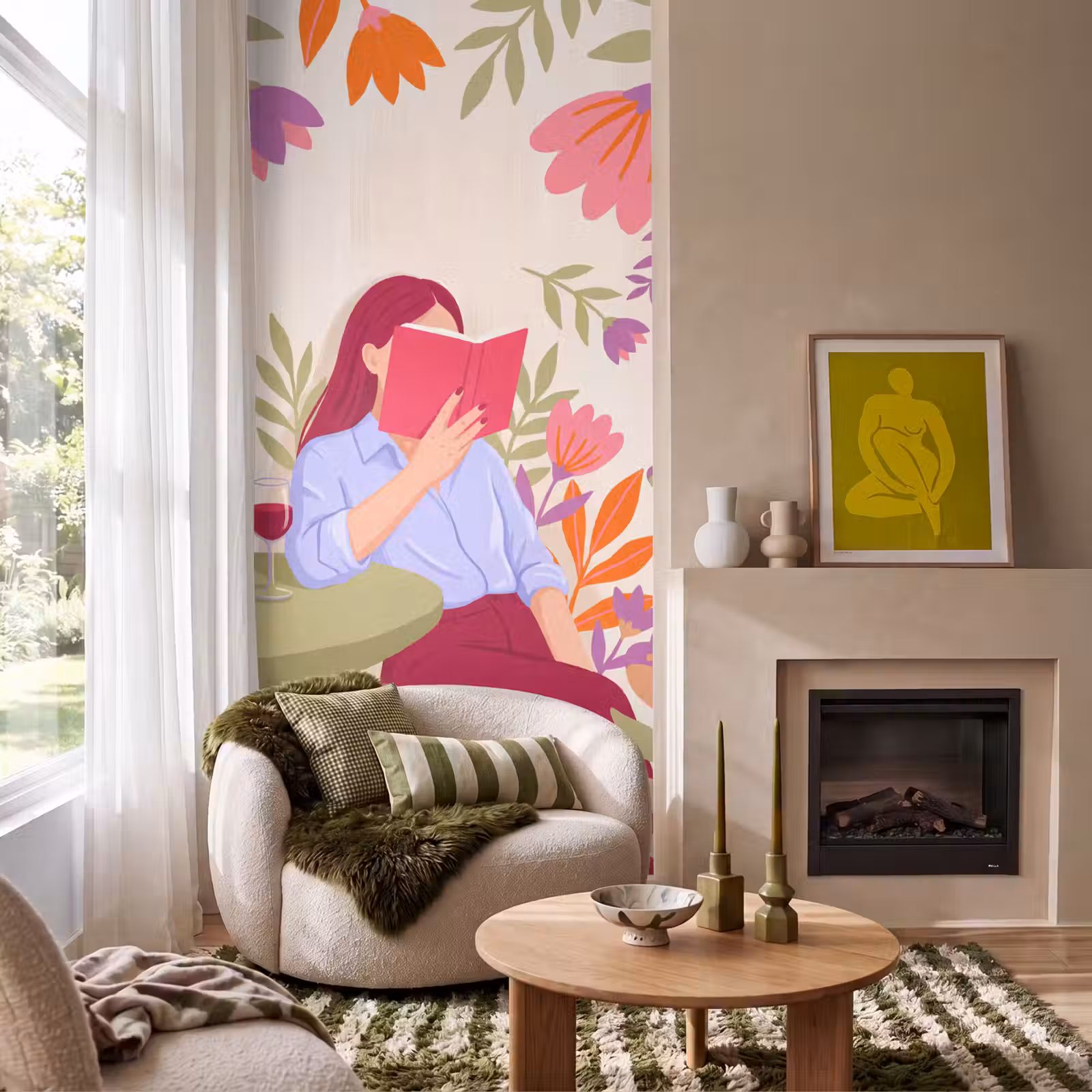 Behang - Vrouw - Lezen - Thuis - Modern - Bloemen — 1