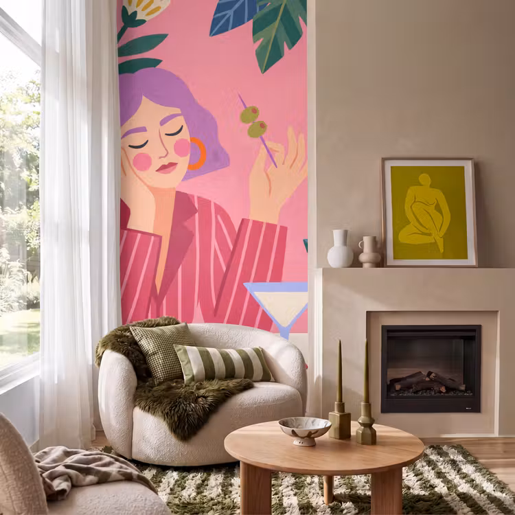 Behang - Vrouw - Cocktail - Bloemen - Modern - Roze — 1