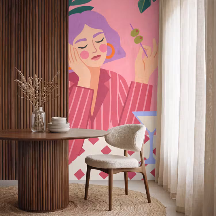 Behang - Vrouw - Cocktail - Bloemen - Modern - Roze — 4