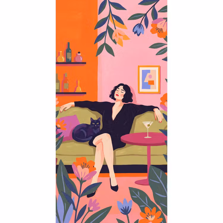 Behang - Vrouw - Kat - Interieur - Modern - Kleurrijk — 2