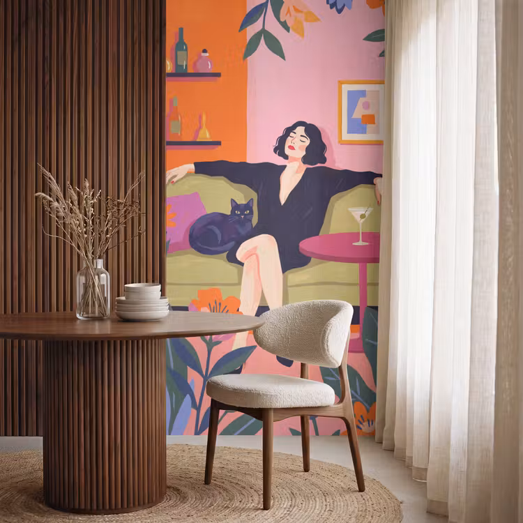 Behang - Vrouw - Kat - Interieur - Modern - Kleurrijk — 4