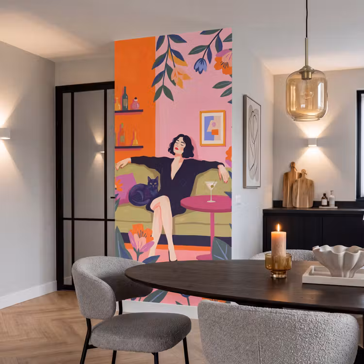 Behang - Vrouw - Kat - Interieur - Modern - Kleurrijk — 5