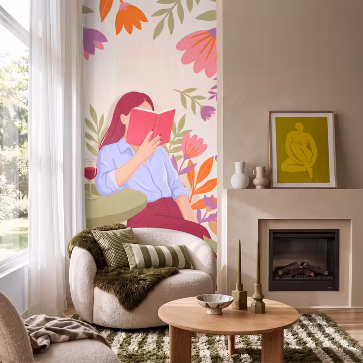 Behang - Vrouw - Lezen - Thuis - Modern - Bloemen — 1