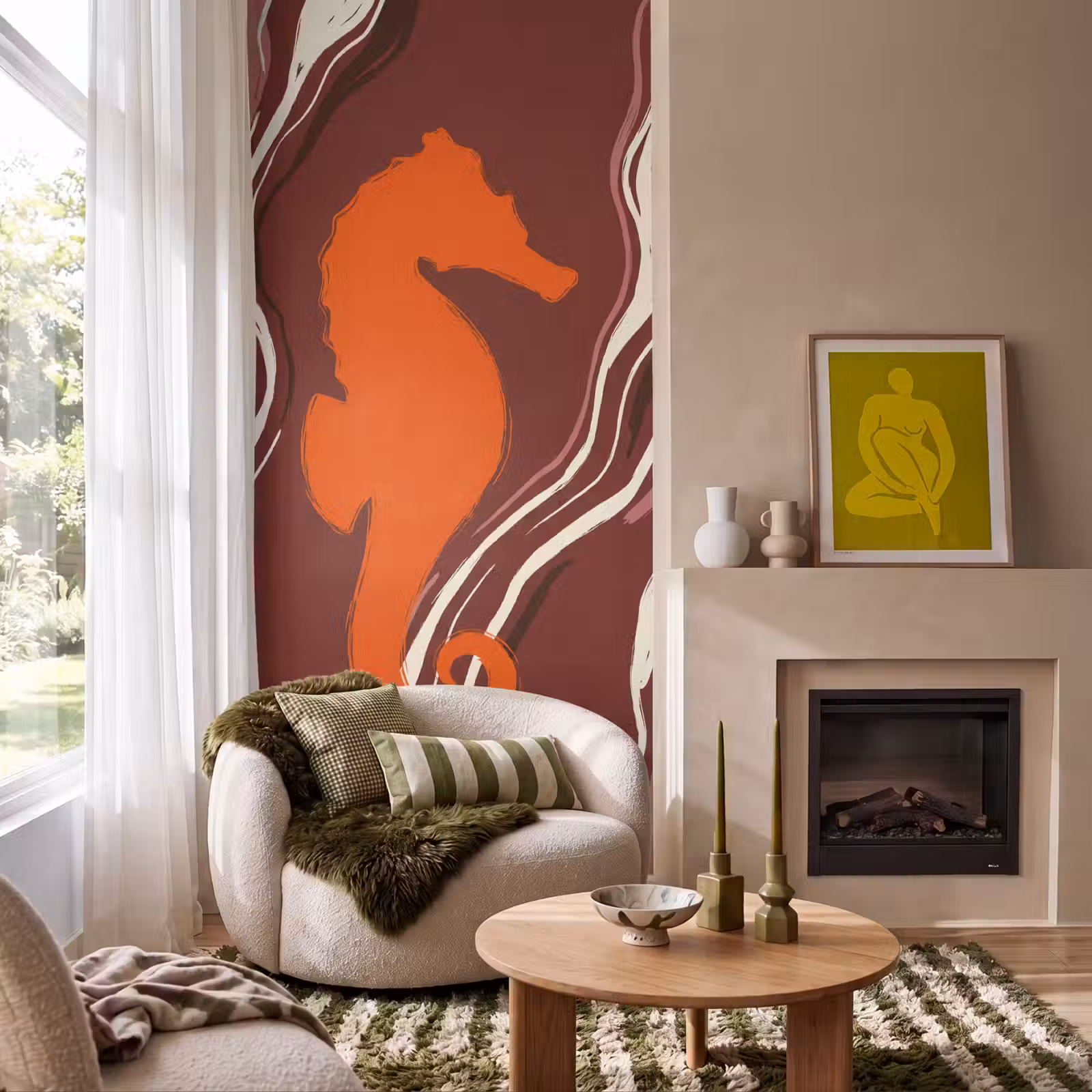Behang - Zeepaardje - Golven - Zeeleven - Abstract - Oranje — 1