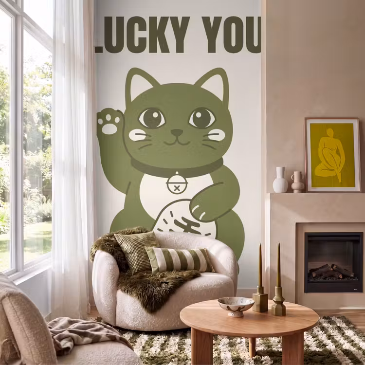 Behang - Kat - Geluk - Dieren - Modern - Groen — 1