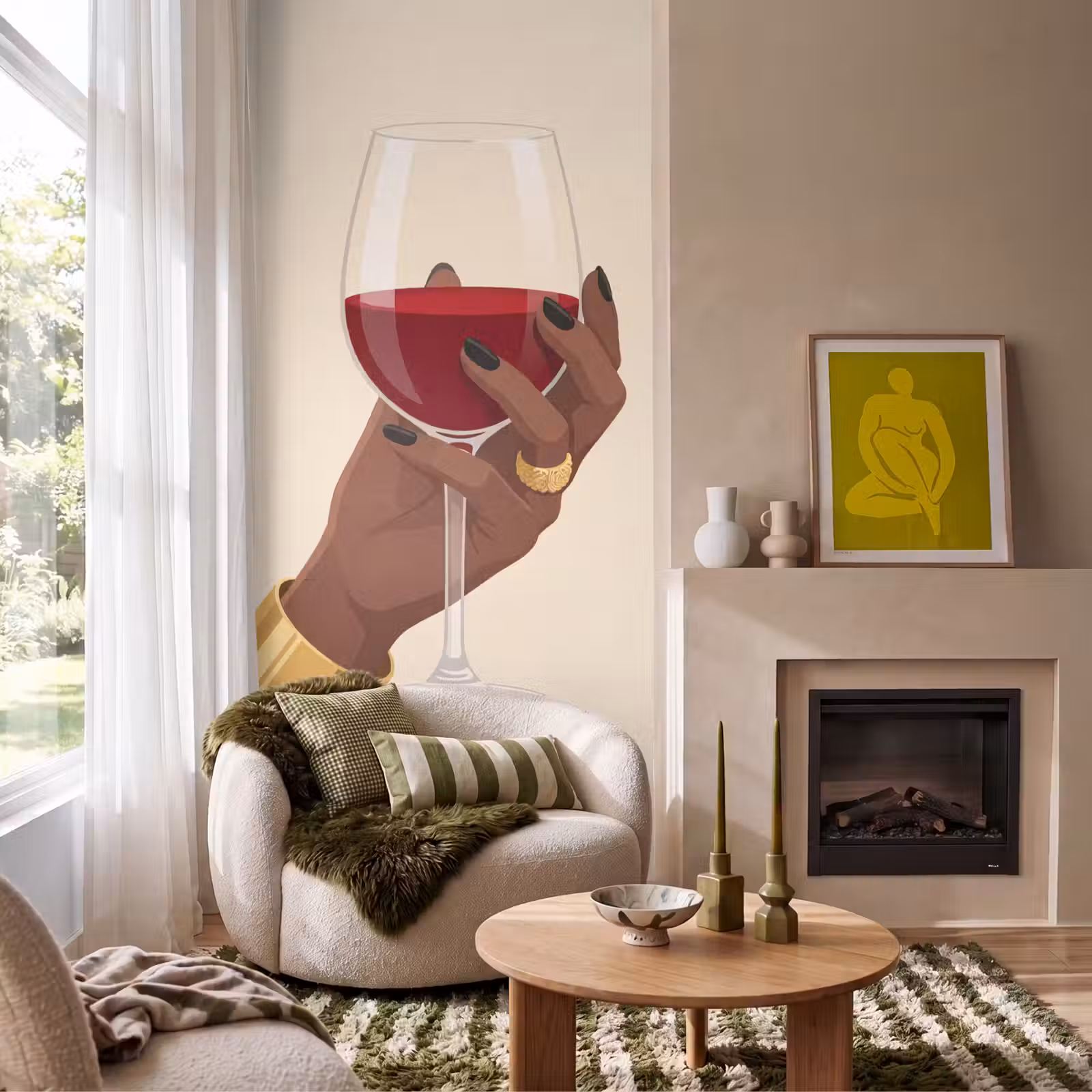 Behang - Vrouw - Wijn - Glas - Illustratie - Rood — 1