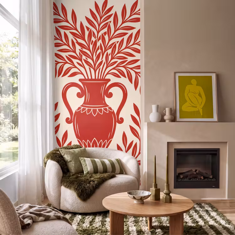 Behang - Vaas - Planten - Decoratie - Abstract - Rood — 1