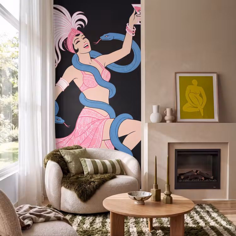 Behang - Vrouw - Danseres - Slangen - Art Deco - Roze — 1