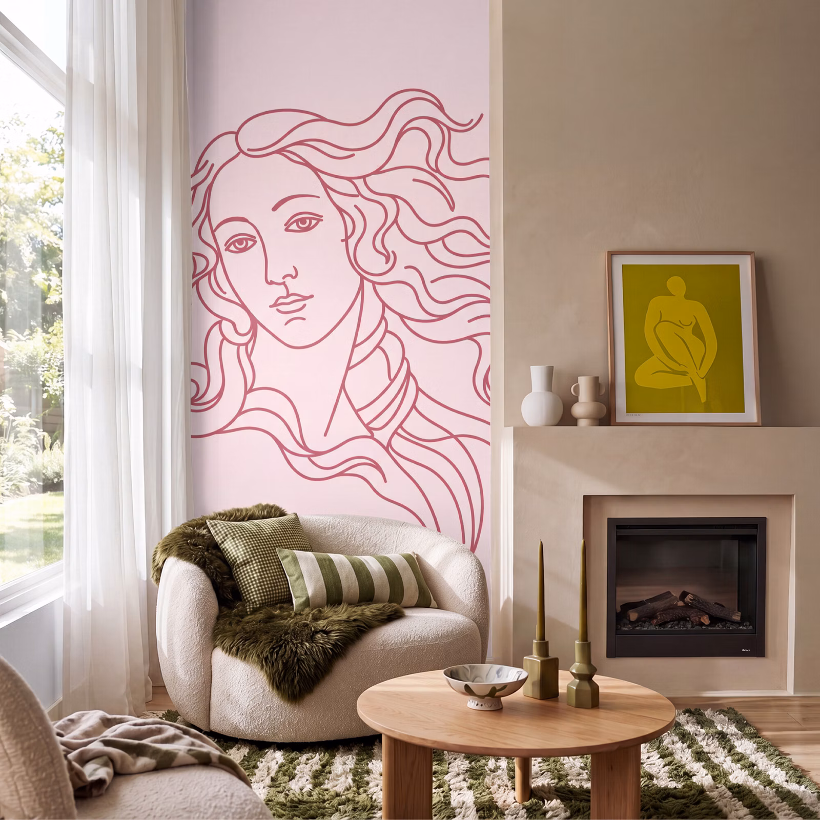 Behang - Vrouw - Portret - Klassiek - Line-art - Roze — 1