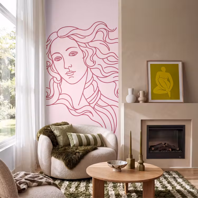 Behang - Vrouw - Portret - Klassiek - Line-art - Roze — 1