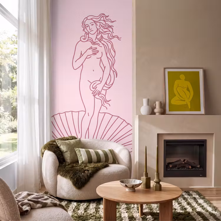 Behang - Vrouw - Schelp - Kunst - Lijntekening - Roze — 1