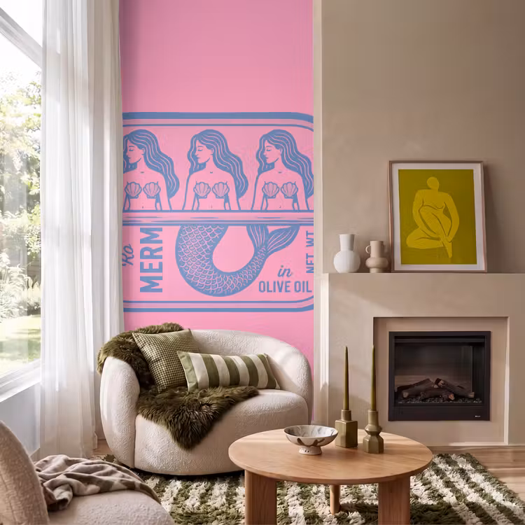 Behang - Meermin - Sardineblik - Illustratie - Roze - Retro — 1