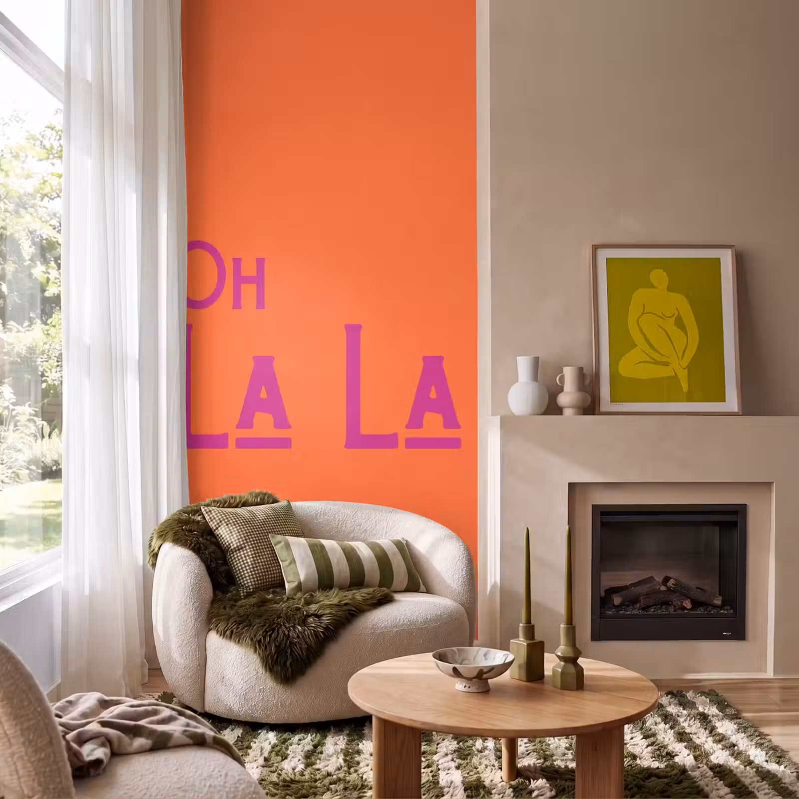 Behang - Oh la la - Oranje - Roze - Scheeflettertype — 1
