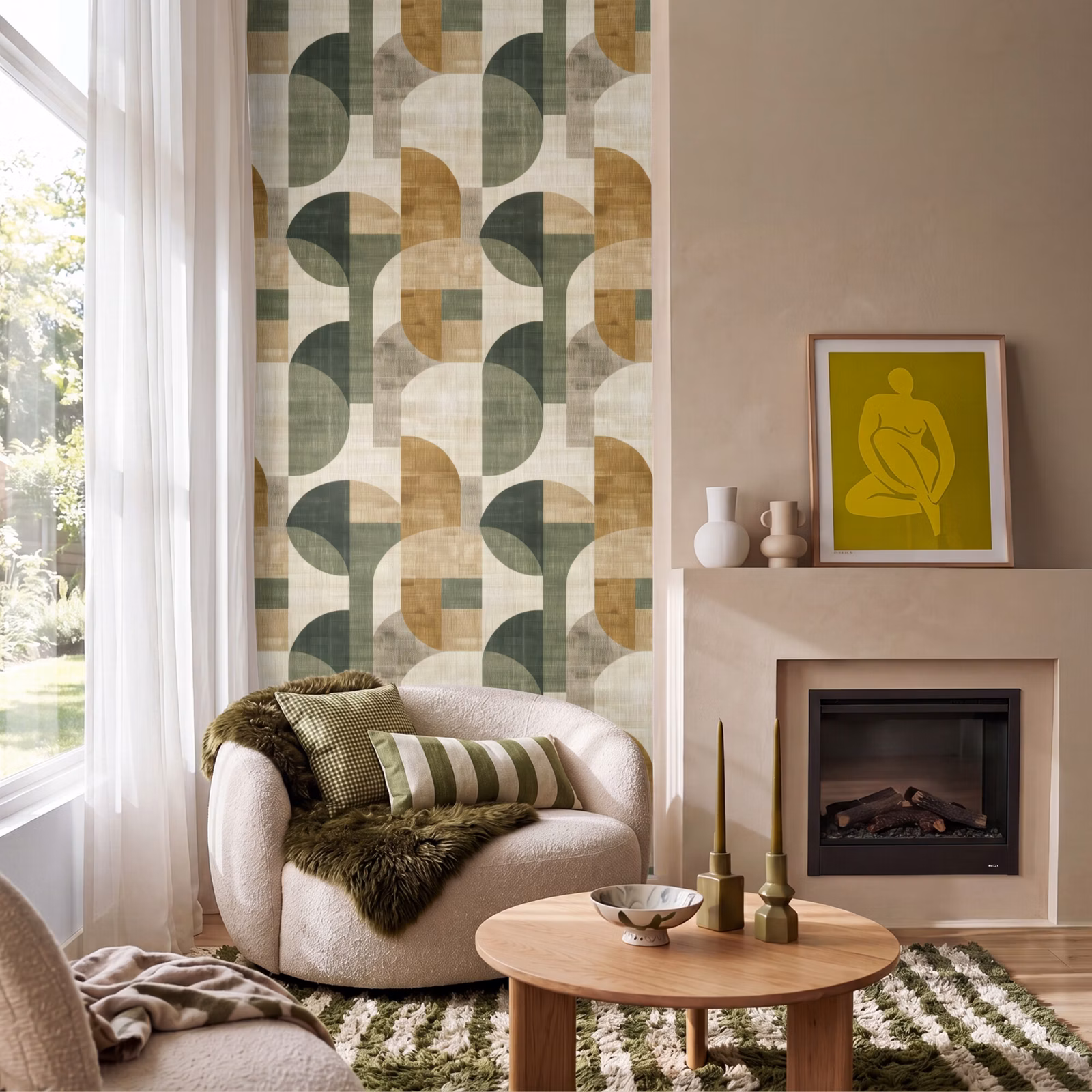 Behang - Olijfgroen - Geometrisch - Abstract - Mid-Century - Linnen - Patroon — 1