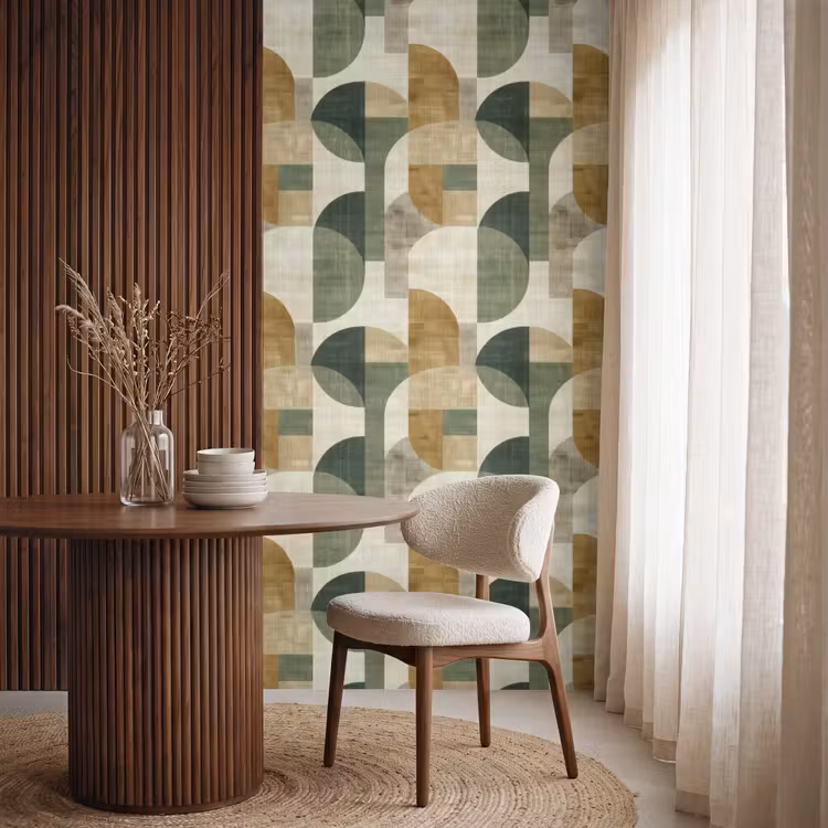 Behang - Olijfgroen - Geometrisch - Abstract - Mid-Century - Linnen - Patroon — 4