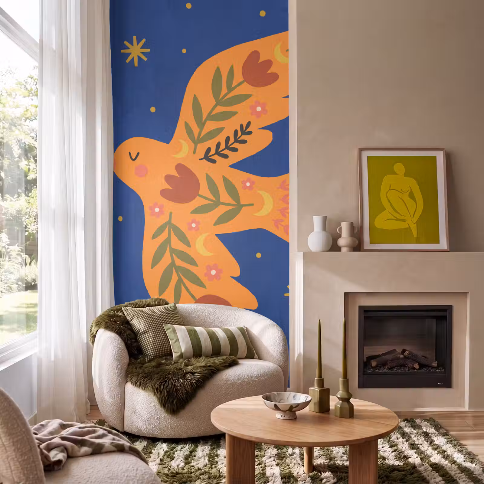 Behang - Vogel - Bloemen - Decoratief - Oranje - Blauw — 1