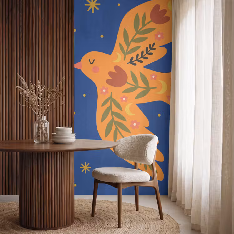 Behang - Vogel - Bloemen - Decoratief - Oranje - Blauw — 4