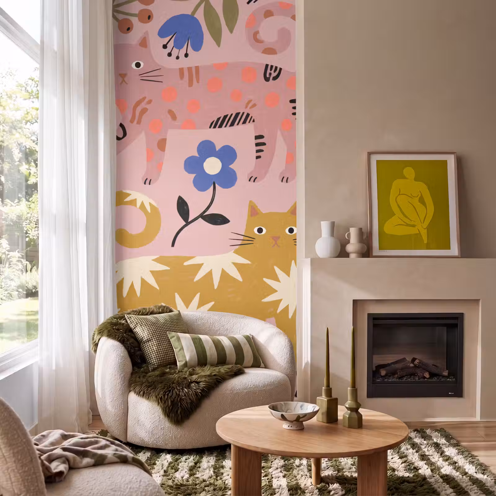 Behang - Kat - Bloemen - Dieren - Modern - Roze — 1
