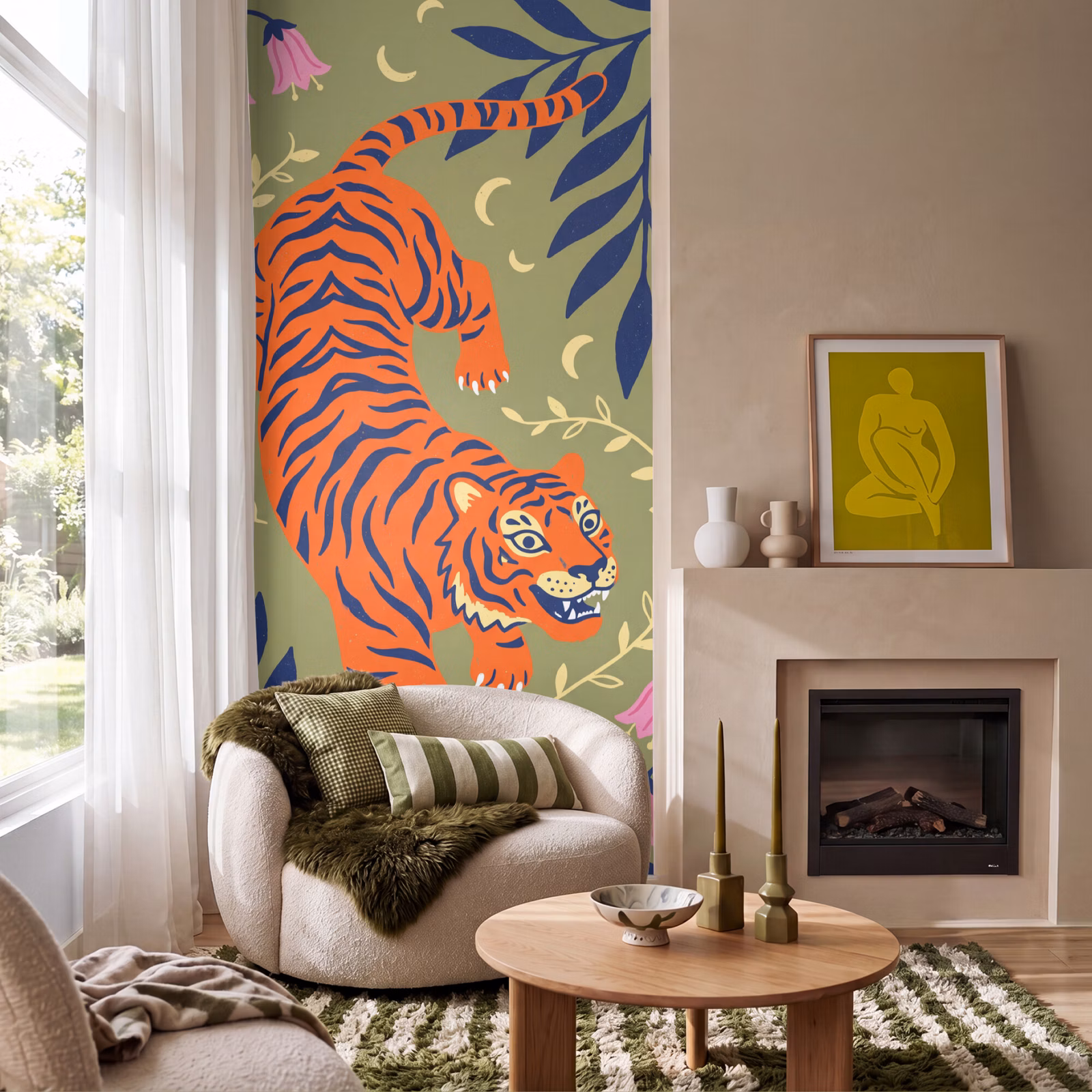 Behang - Tijger - Bladeren - Dieren - Illustratie - Oranje — 1