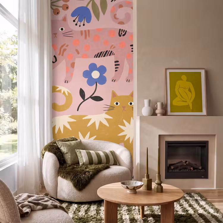 Behang - Kat - Bloemen - Dieren - Modern - Roze — 1