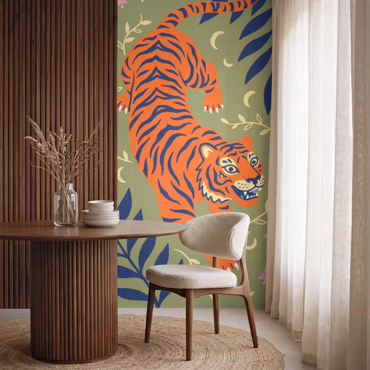 Behang - Tijger - Bladeren - Dieren - Illustratie - Oranje — 4