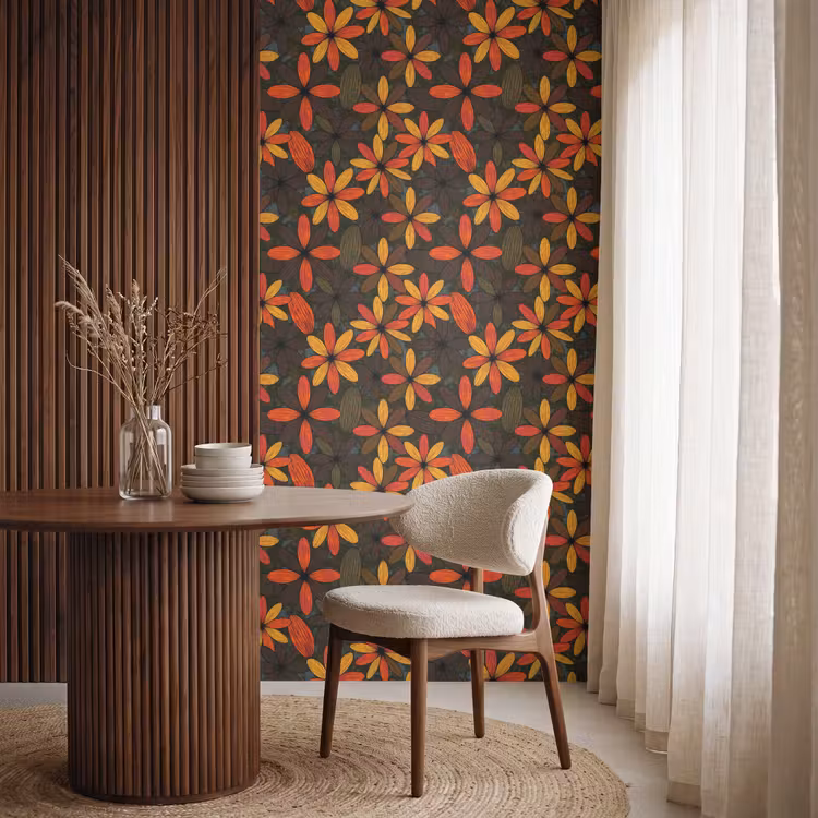 Behang - Oranje - Retro - Bloemen - Herfst — 4