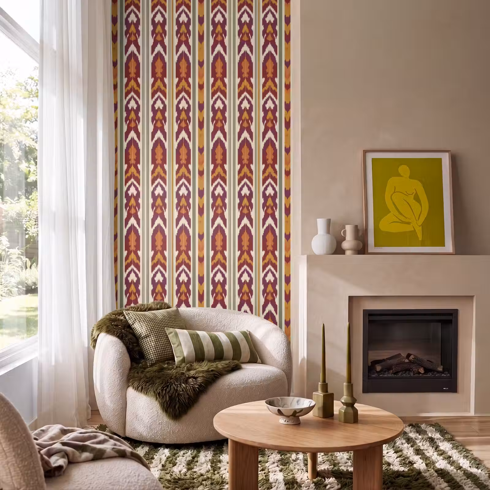 Behang - Ikat - Bordeauxrood - Etnisch - Patroon — 1