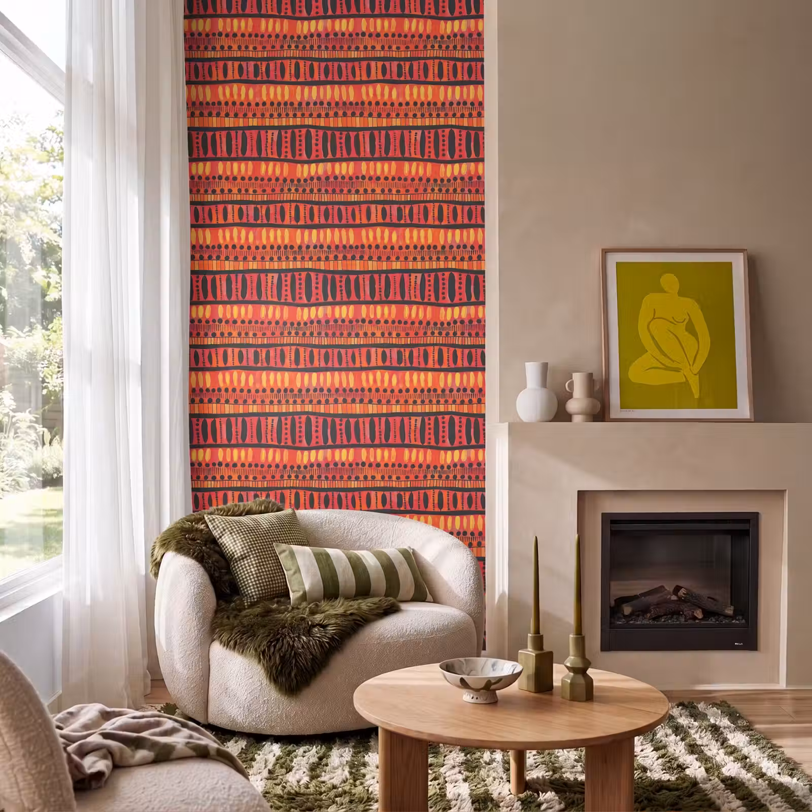 Behang - Rood - Oranje - Etnisch - Expressief - Patroon — 1