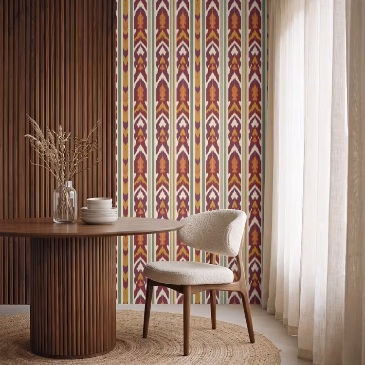 Behang - Ikat - Bordeauxrood - Etnisch - Patroon — 4