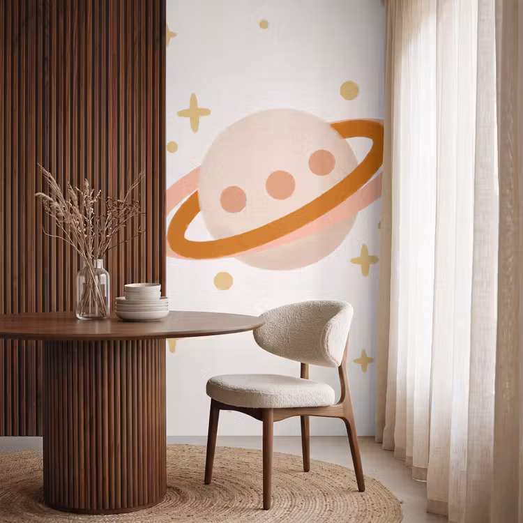 Behang - Planeet - Ringen - Ruimte - Illustratie - Beige — 4