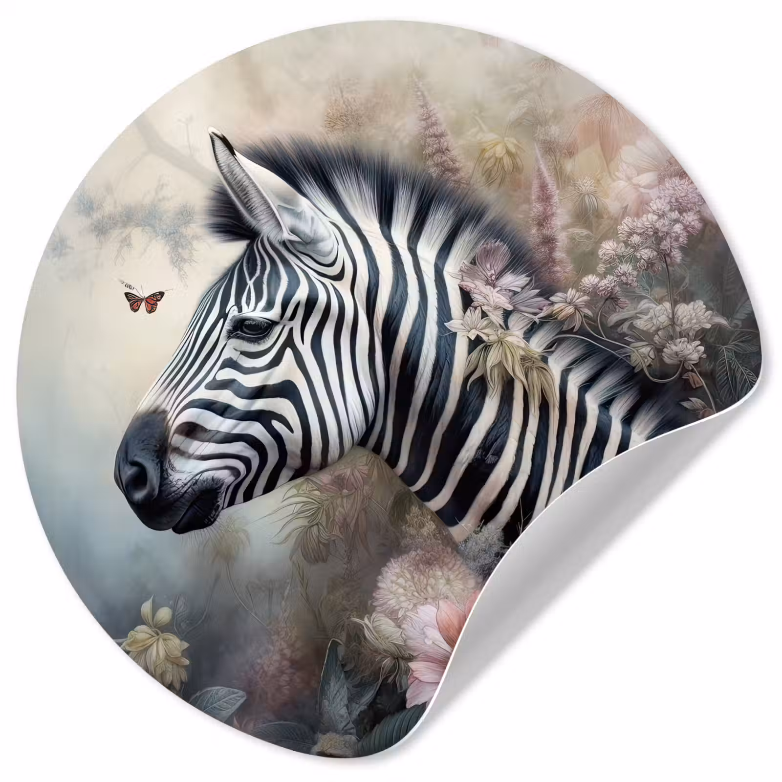 Behangcirkel - Zebra - Wilde dieren - Vlinder - Bloemen — 1