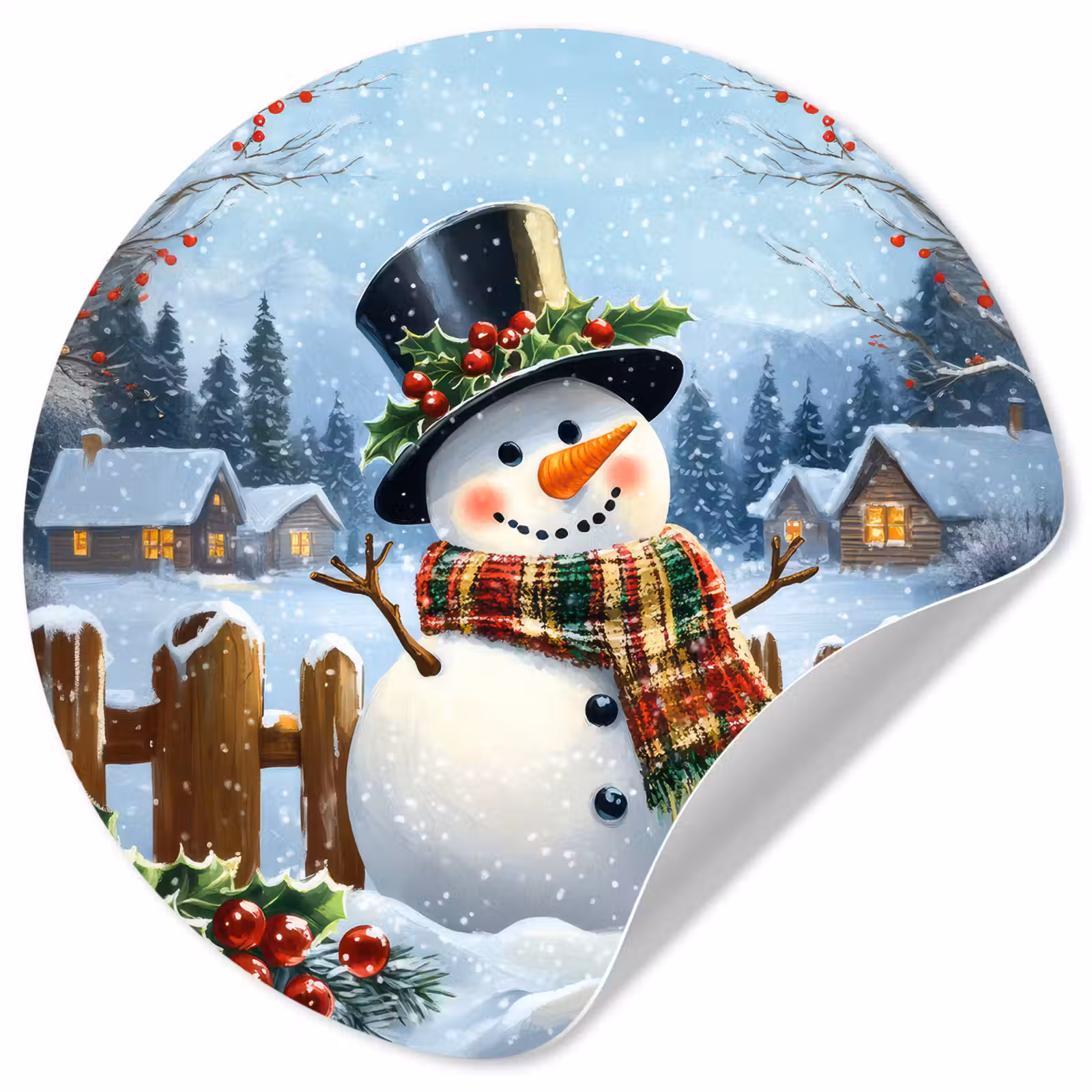 Behangcirkel - Sneeuwpop - Winterdorp - Kleurrijk — 1