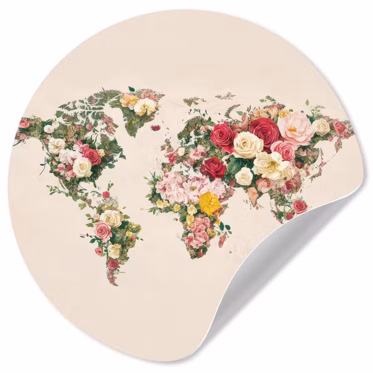 Behangcirkel - Wereldkaart - Bloemen - Roze — 1