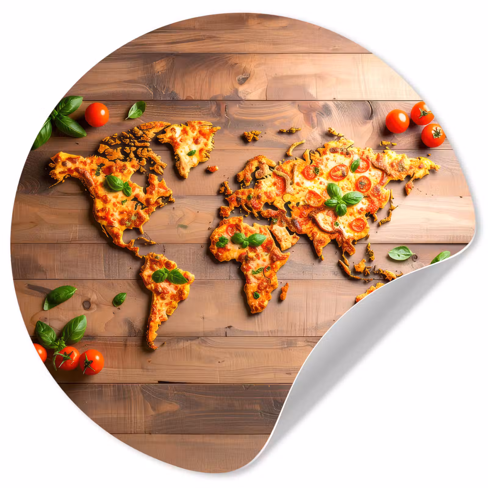 Behangcirkel - Wereldkaart - Pizza - Houten ondergrond — 1