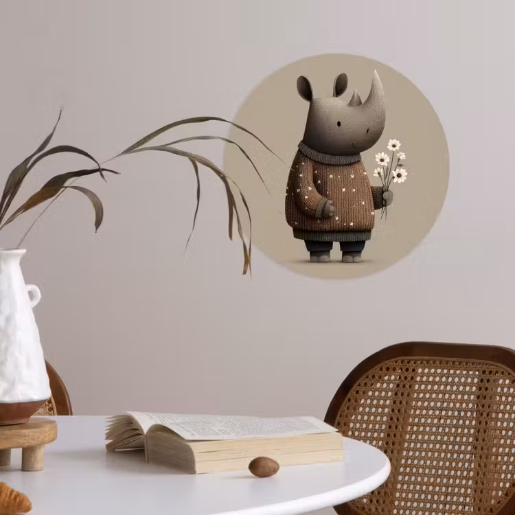Behangcirkel - Neushoorn - Witte bloemen - Lief — 4