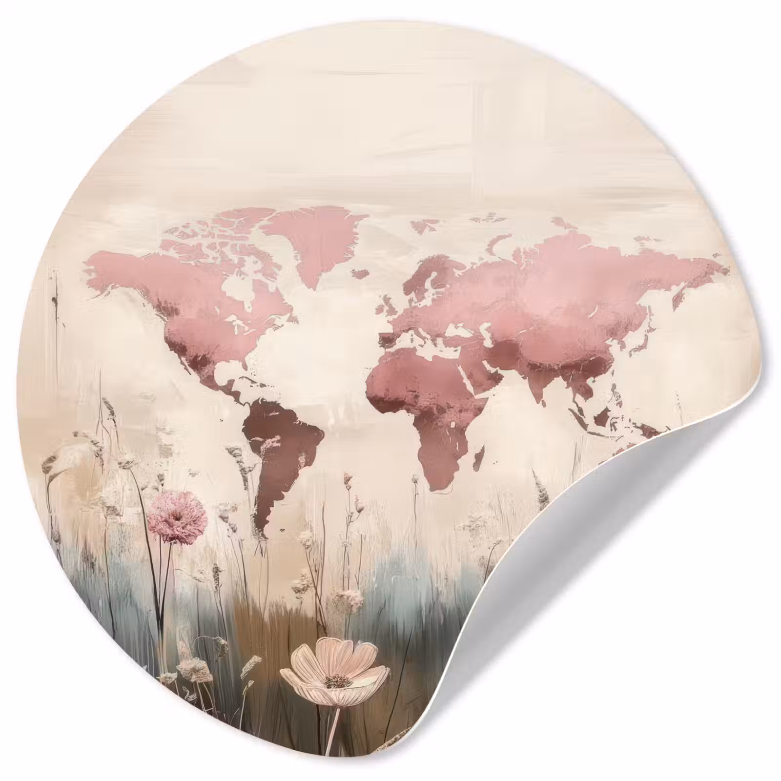 Behangcirkel - Wereldkaart - Roze - Bloemen — 1