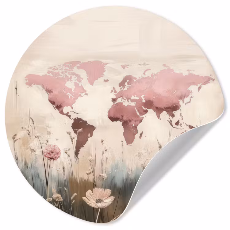 Behangcirkel - Wereldkaart - Roze - Bloemen — 1