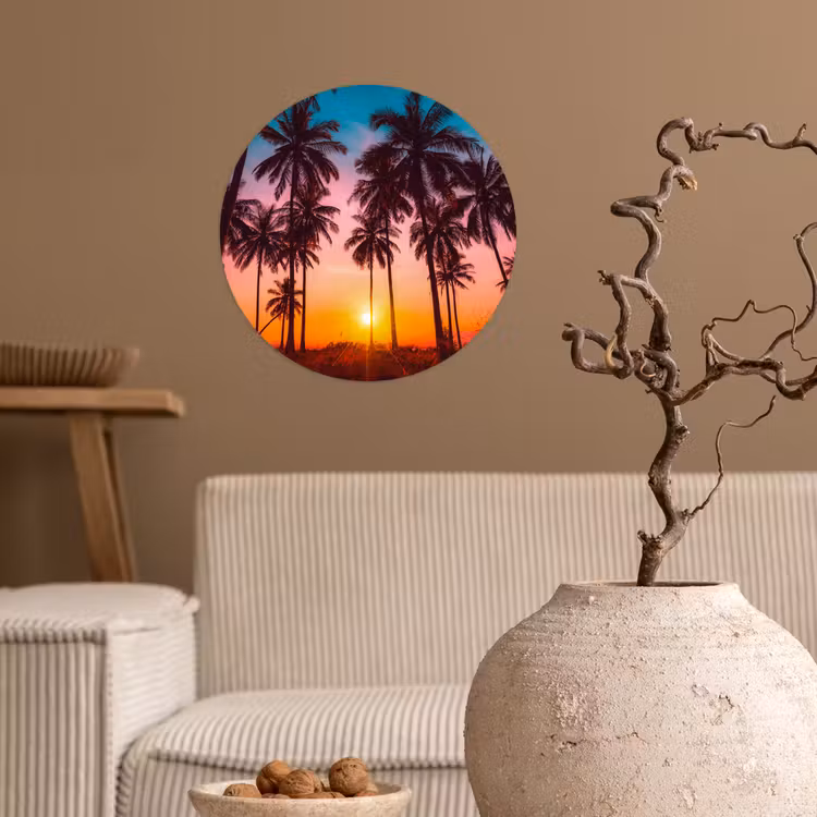 Behangcirkel - Palmboom - Zonsondergang - Horizon - Strand - Oranje - Roze — 2