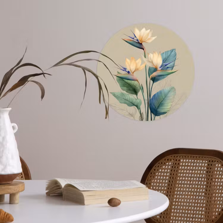 Behangcirkel - Paradijsvogelbloemen - Blauwgroene bladeren - Beige — 4