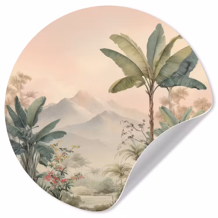 Behangcirkel - Tropisch landschap - palmbomen - Bloemen - Roze lucht — 1