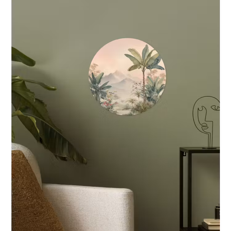 Behangcirkel - Tropisch landschap - palmbomen - Bloemen - Roze lucht — 3