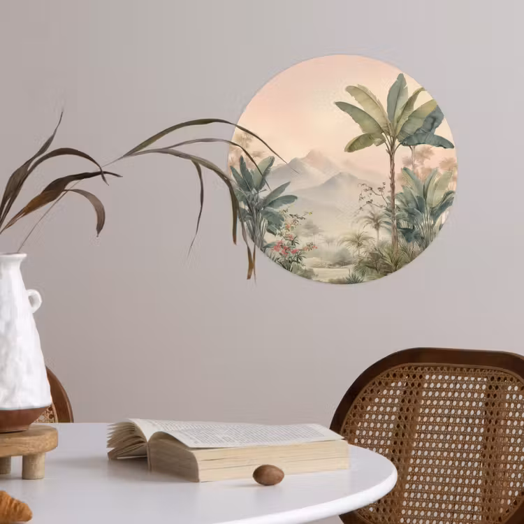 Behangcirkel - Tropisch landschap - palmbomen - Bloemen - Roze lucht — 4