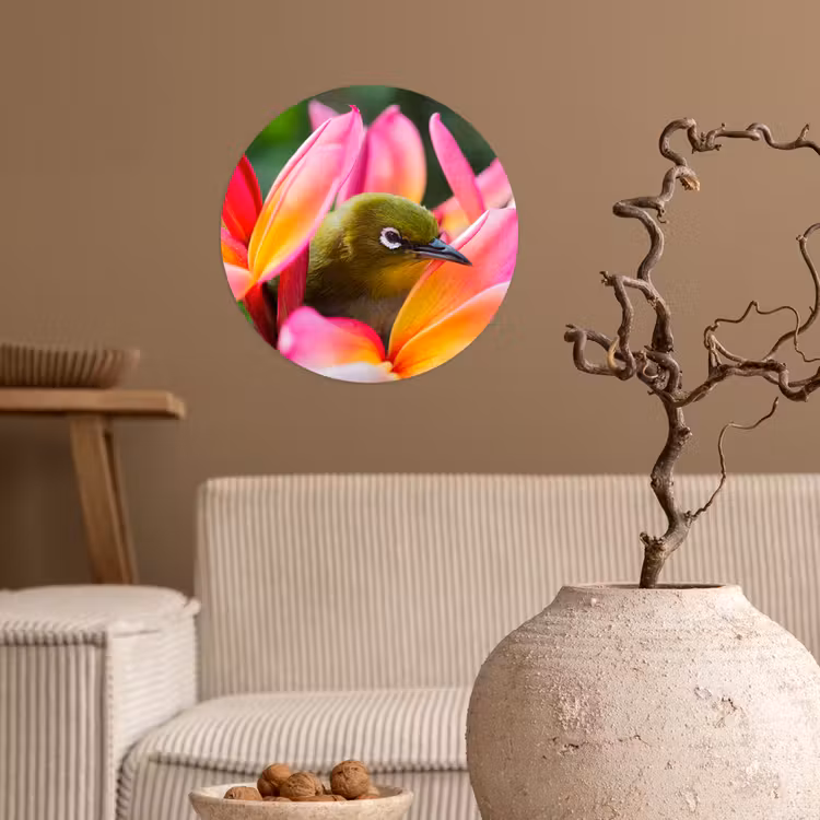 Behangcirkel - Tropische vogel tussen roze bloem — 2