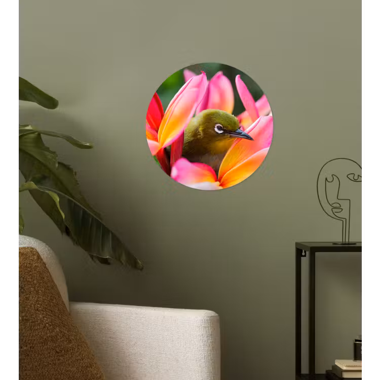 Behangcirkel - Tropische vogel tussen roze bloem — 3
