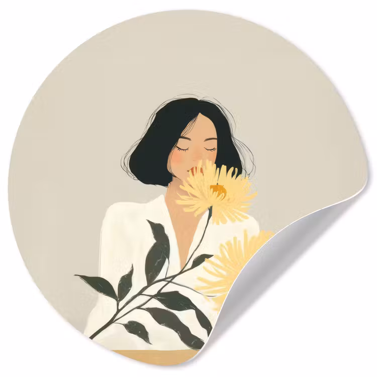 Behangcirkel - Vrouw - Bloem - Geel - Minimalistisch — 1