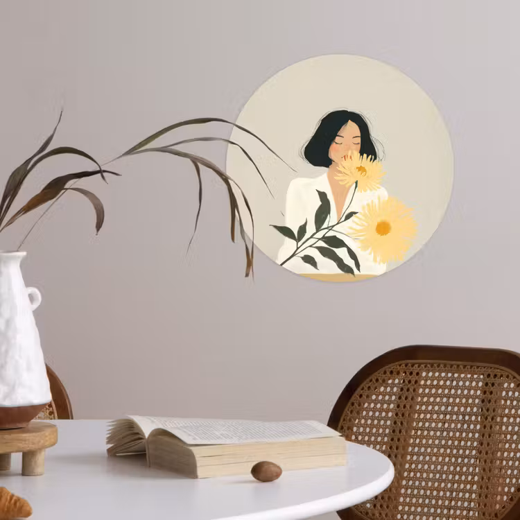 Behangcirkel - Vrouw - Bloem - Geel - Minimalistisch — 4