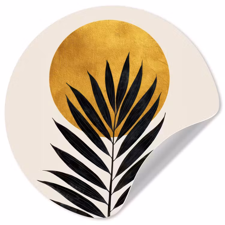 Behangcirkel - Zwart palmblad - Gouden cirkel - Beige achtergrond — 1