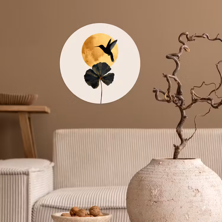 Behangcirkel - Zwarte kolibrie - Bloem - Gouden cirkel — 2