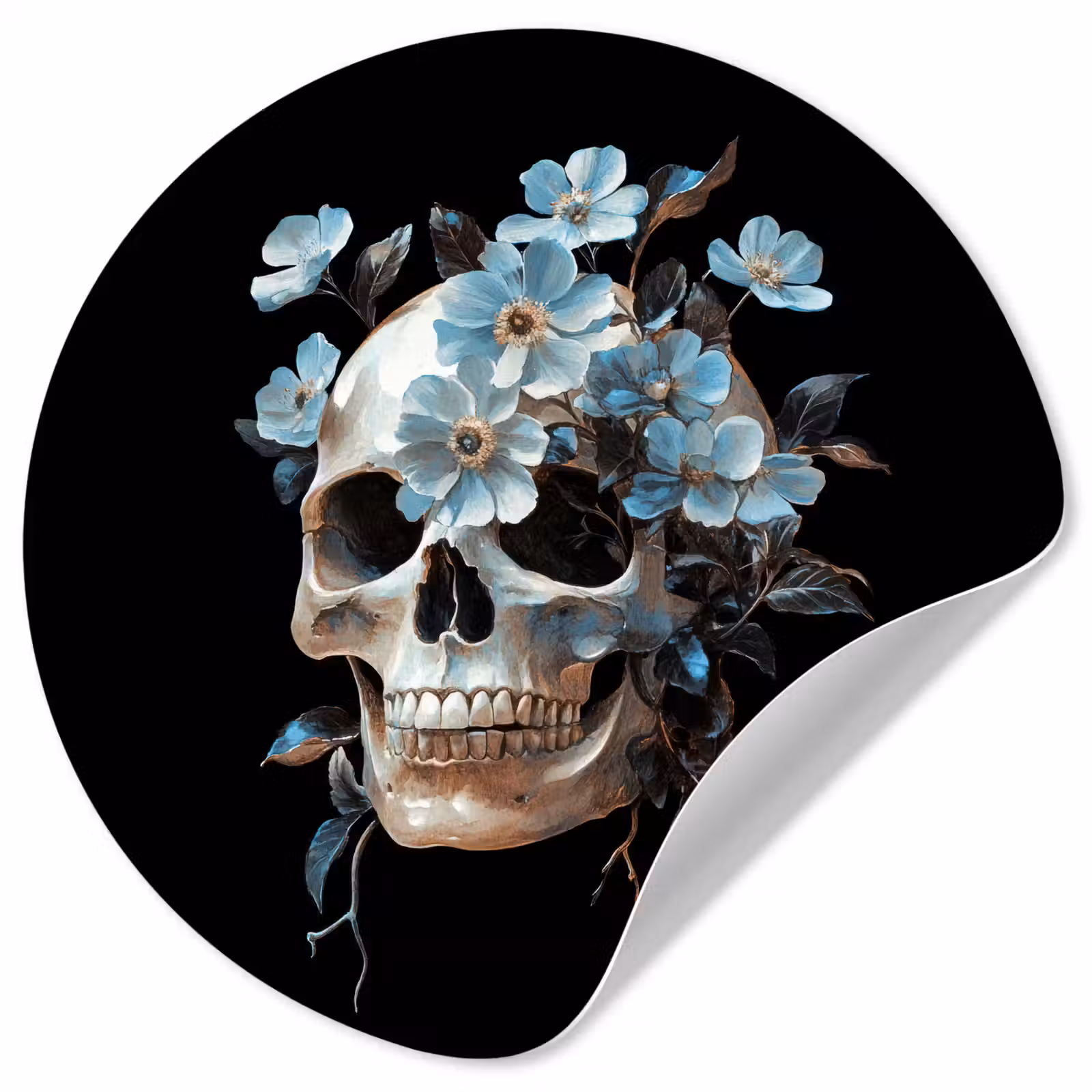 Behangcirkel - Schedel - Blauw - Bloemen - Bladeren — 1